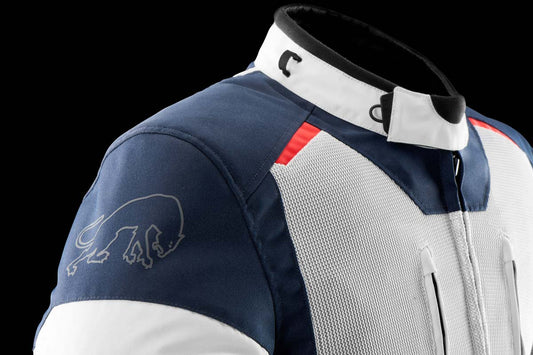 Blouson Moto Furygan BROOKS VENTED+ — Protection CE Niveau A Bleu - Pearl - Rouge - LE PRATIQUE DU MOTARD