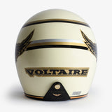 Casque jet néo-rétro crème vu de l'arrière, inscription VOLTAIRE et étiquette Mârkö ECE 22-06
