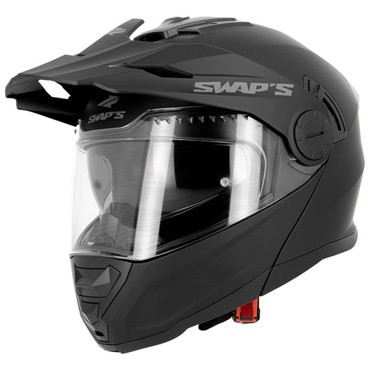 Casque trail modulable S791 Dune noir mat — vue trois-quarts avant, mentonnière fermée, casquette en place