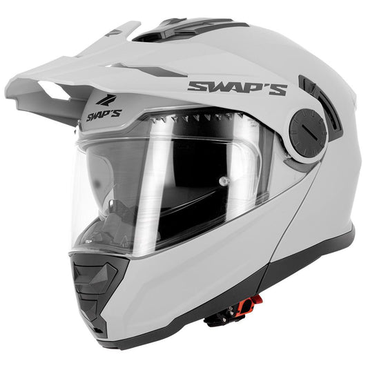 Casque trail modulable S791 Dune gris mat — vue trois-quarts avant, mentonnière fermée, casquette en place