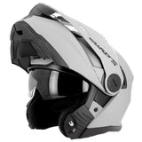Casque trail modulable S791 Dune gris mat — vue trois-quarts avant, mentonnière relevée