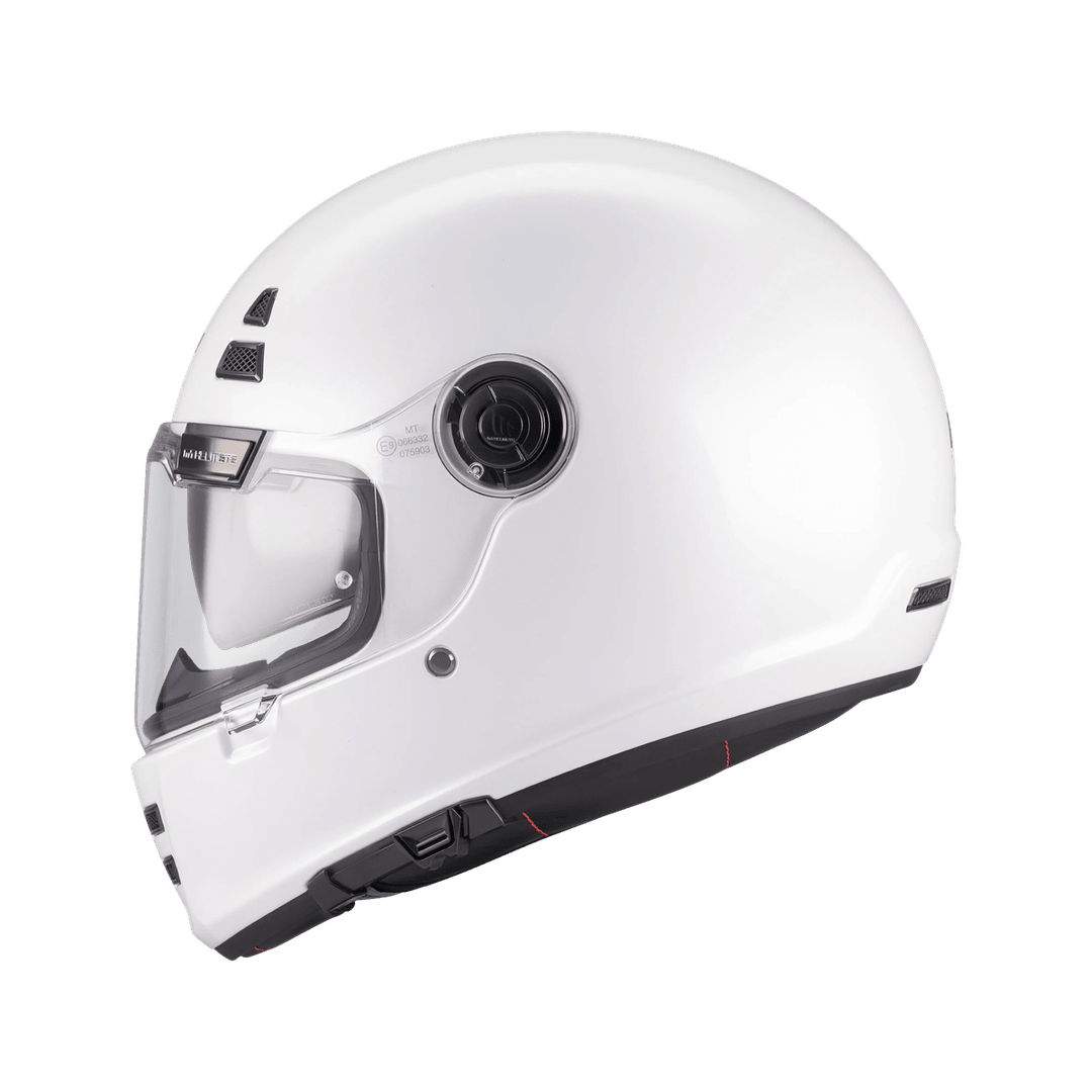 Casque intégral MT café racer blanc nacré de profil, ligne arrondie et écran solaire