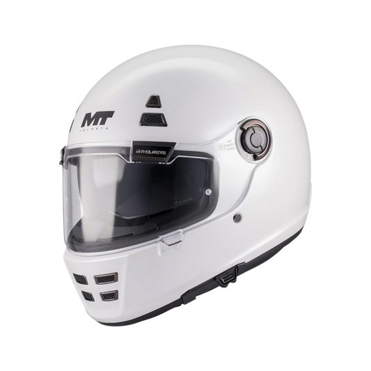 Casque intégral rétro MT Jarama SV blanc nacré, vue trois-quarts face visière fermée - LE PRATIQUE DU MOTARD