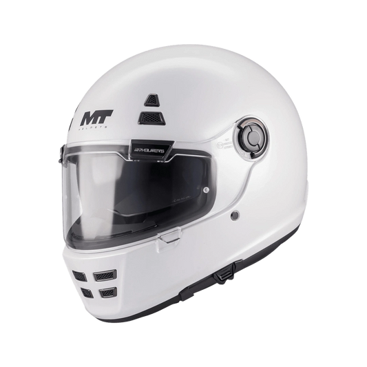 Casque intégral rétro MT Jarama SV blanc nacré, vue trois-quarts face visière fermée - LE PRATIQUE DU MOTARD