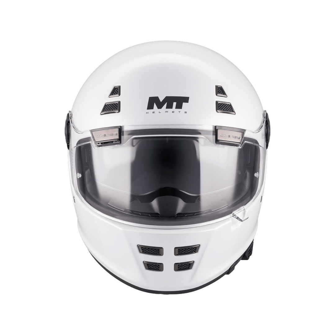Casque intégral homologué ECE 22-06 blanc nacré de face, ventilations mentonnière ajourées