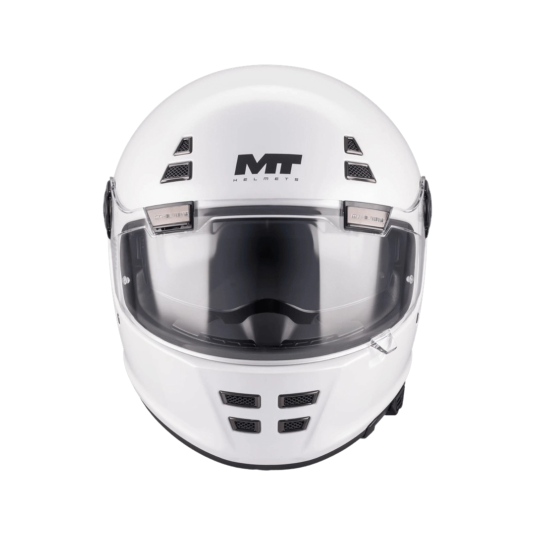 Casque intégral homologué ECE 22-06 blanc nacré de face, ventilations mentonnière ajourées