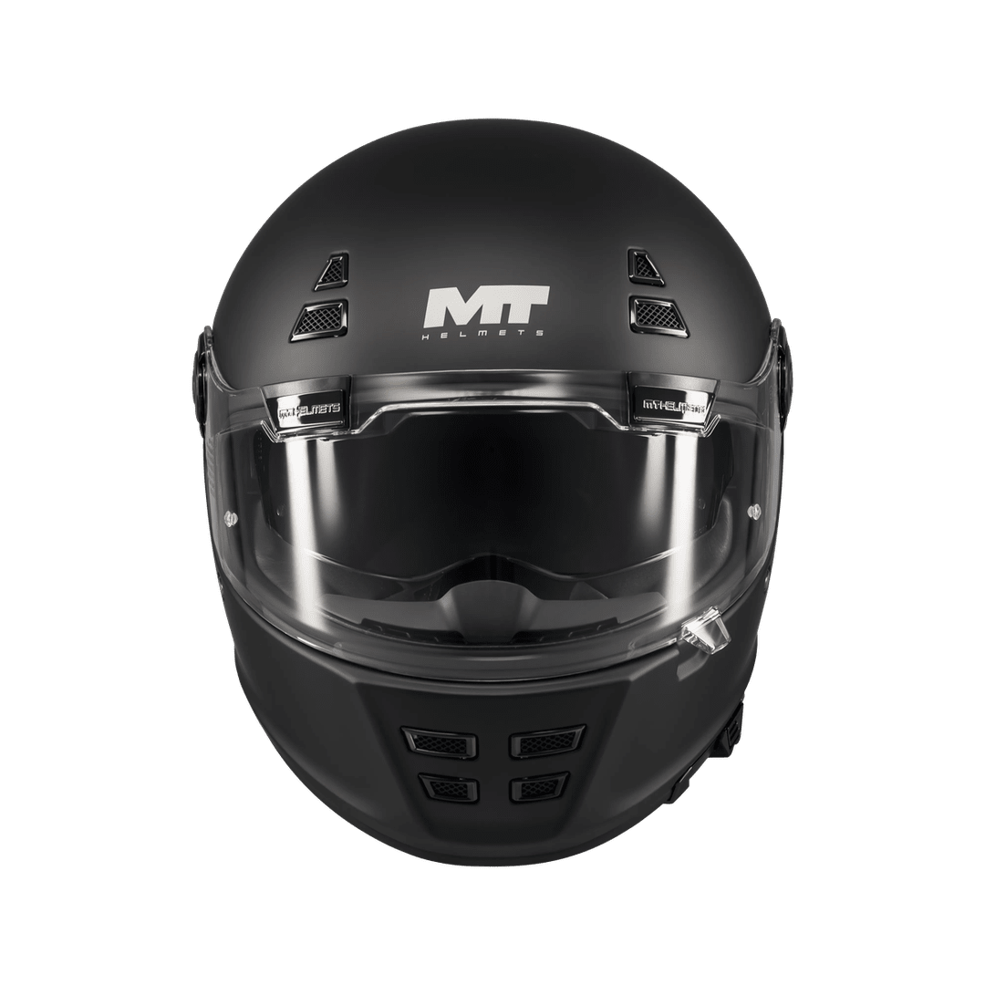Casque intégral homologué ECE 22-06 noir mat de face, ventilations mentonnière ajourées