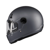 Casque intégral MT café racer gris mat de profil, silhouette arrondie et écran solaire