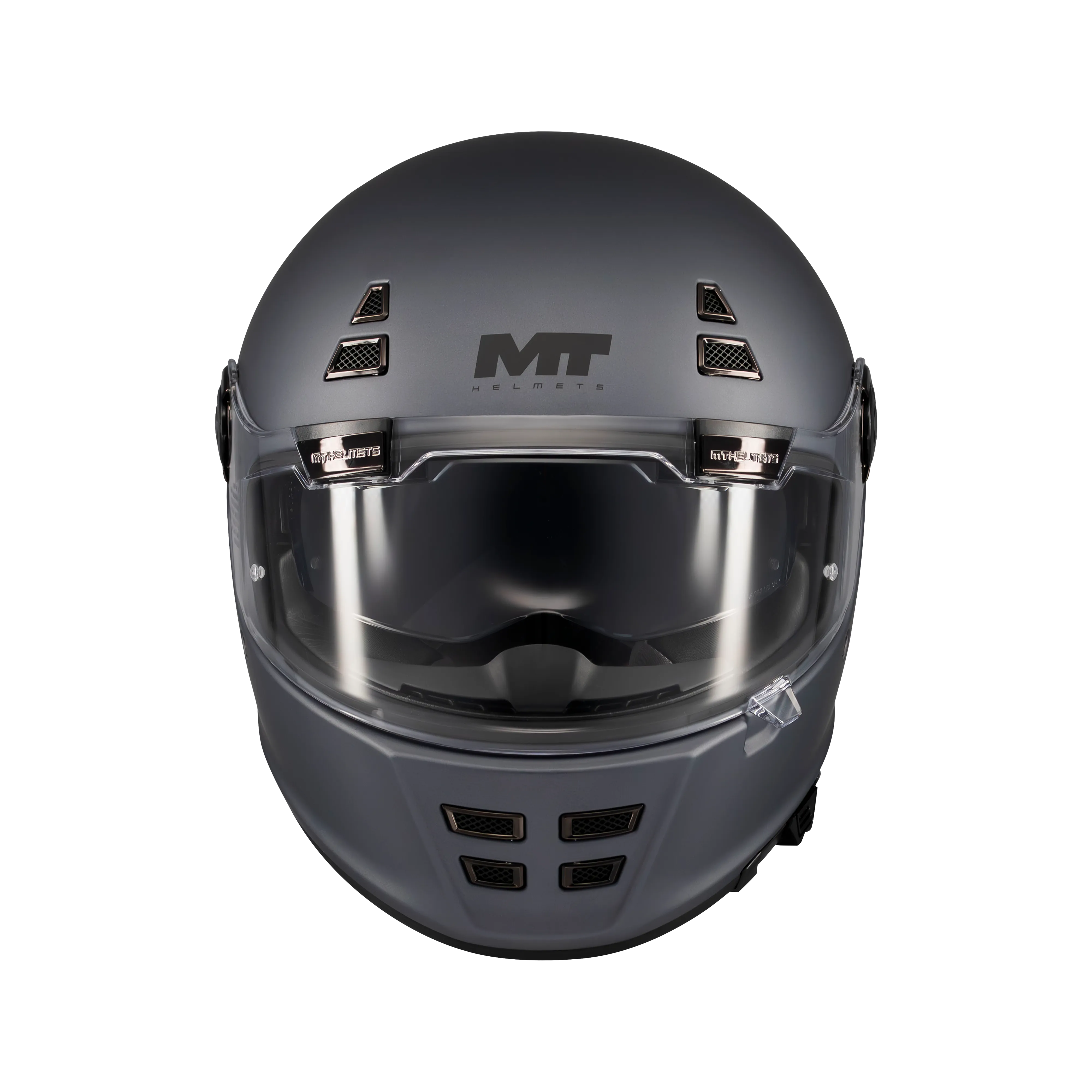 Casque intégral homologué ECE 22-06 gris mat de face, doubles ventilations mentonnière