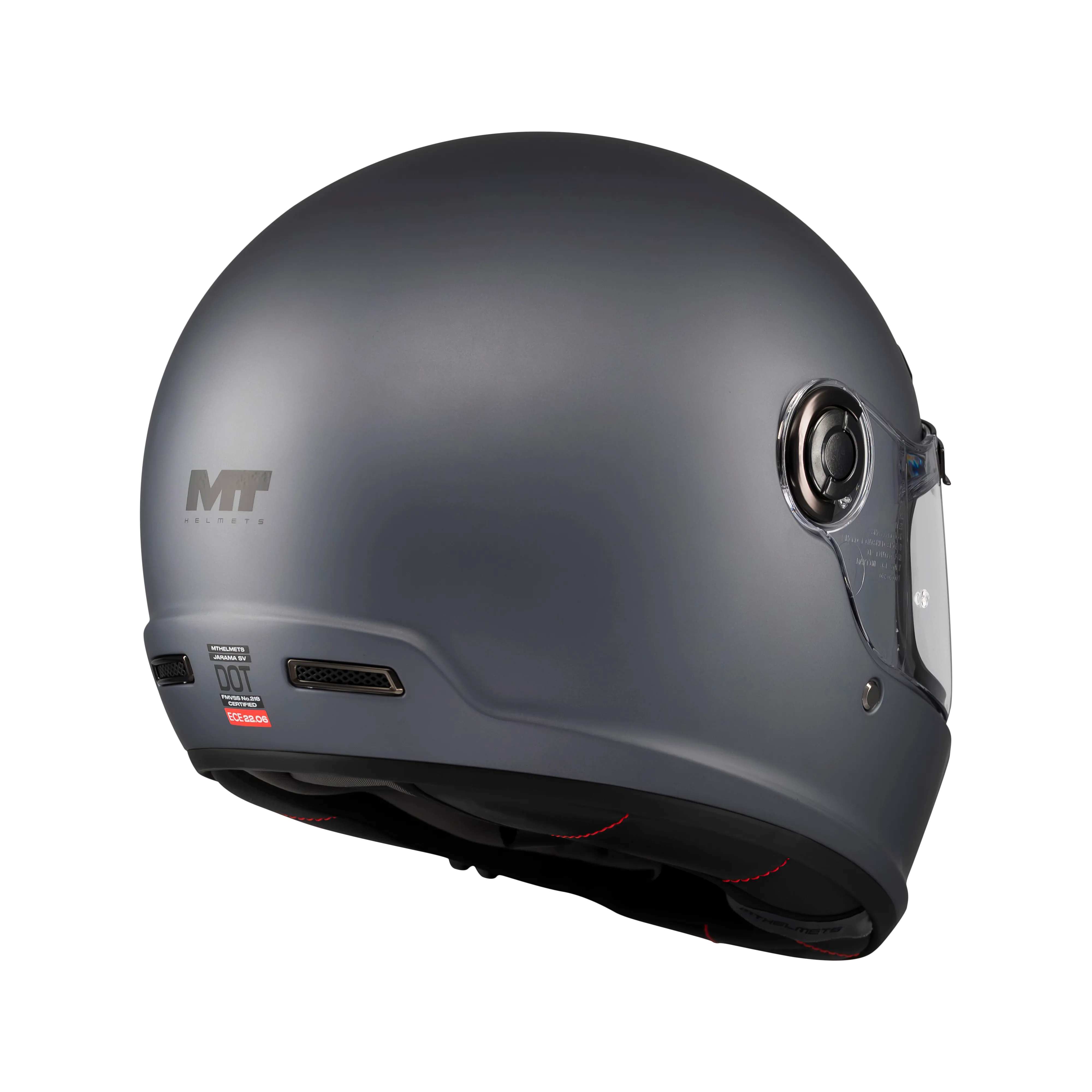 Casque intégral MT Jarama SV gris mat vu de l'arrière, mécanisme écran et coque sphérique