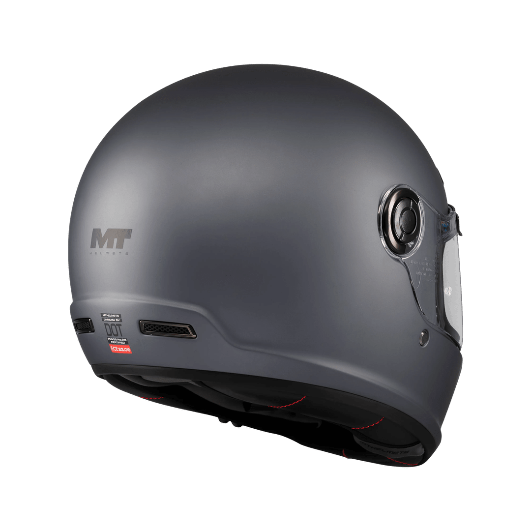 Casque intégral MT Jarama SV gris mat vu de l'arrière, mécanisme écran et coque sphérique