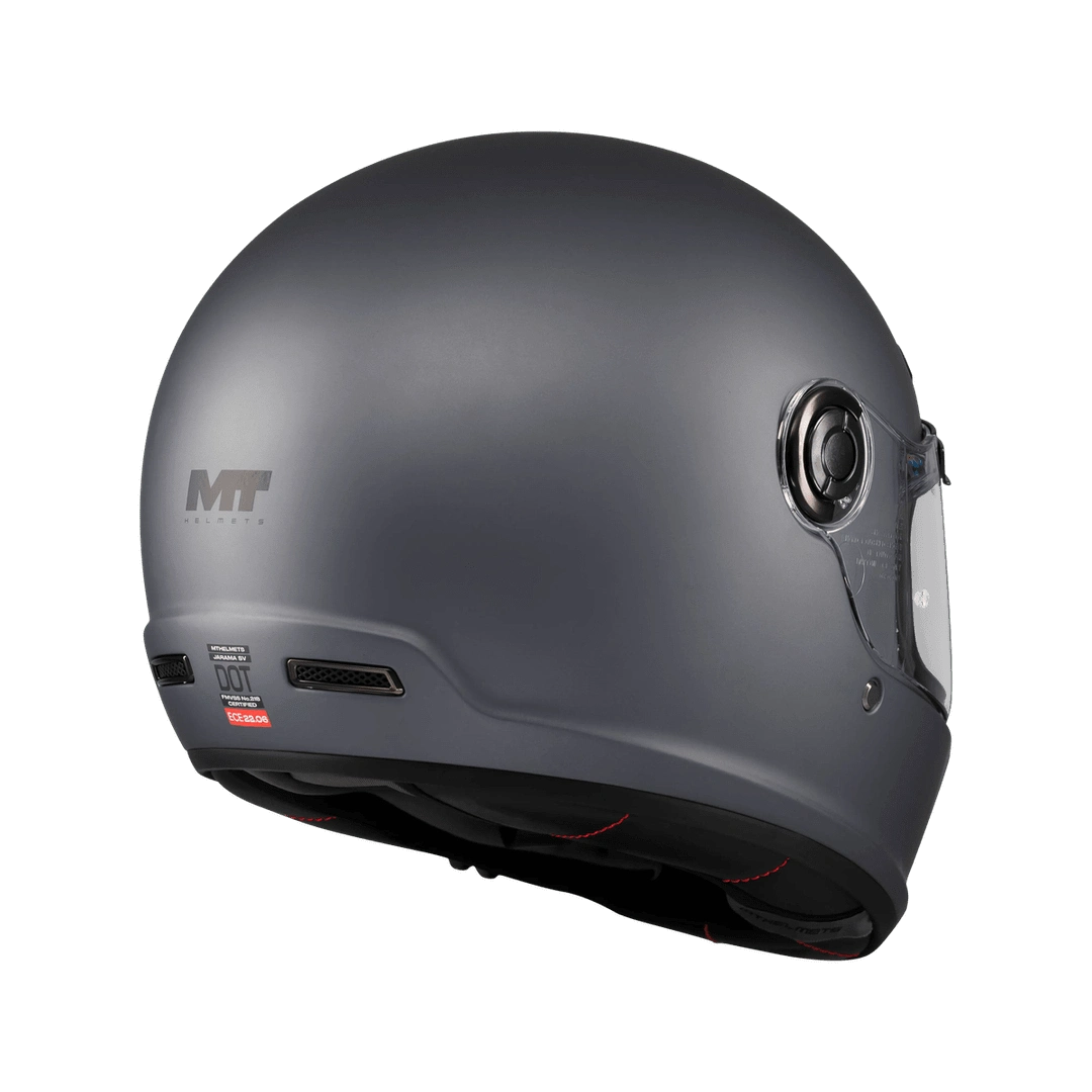 Casque intégral MT Jarama SV gris mat vu de l'arrière, mécanisme écran et coque sphérique
