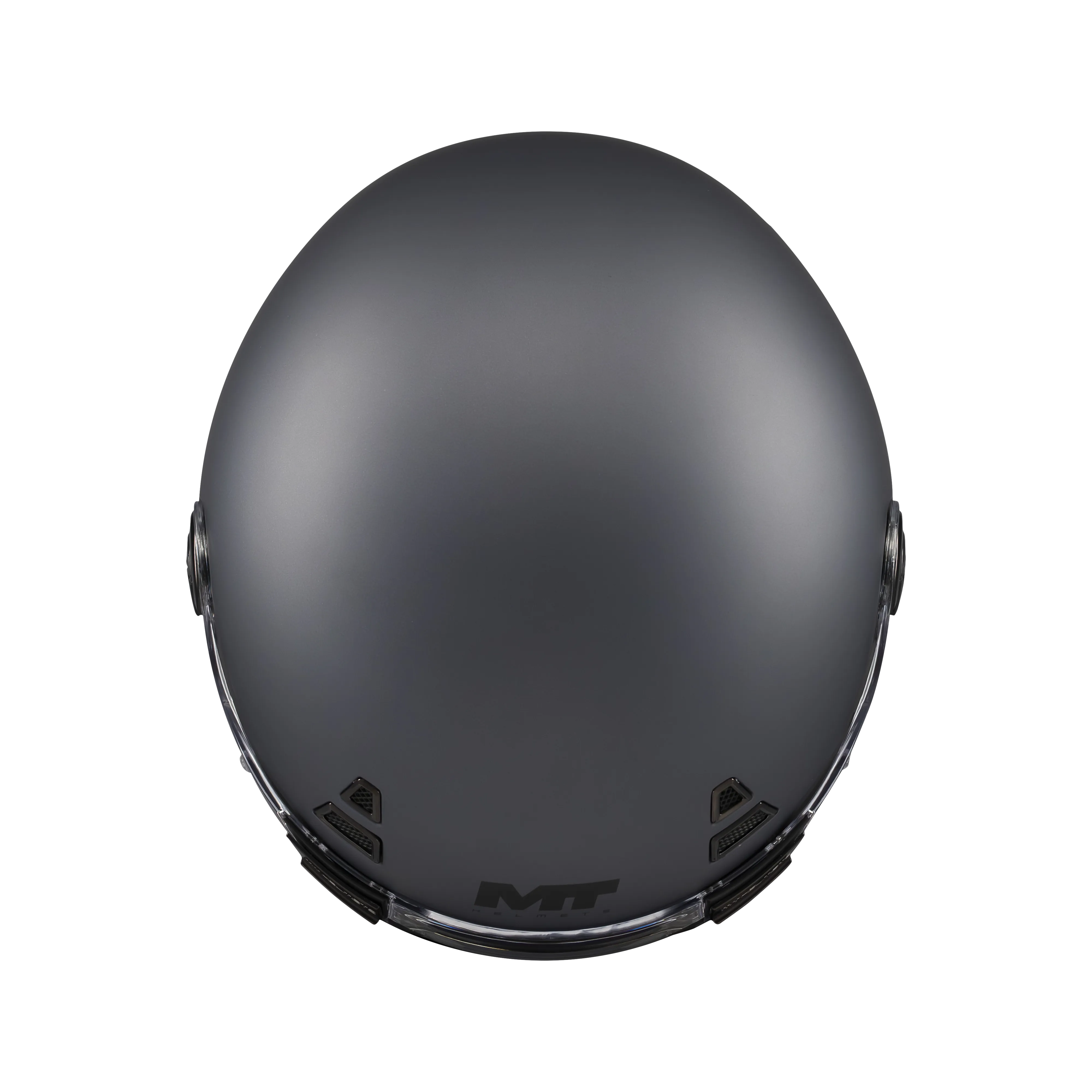 Casque intégral gun metal gris mat vu du dessus, calotte ronde néo-rétro