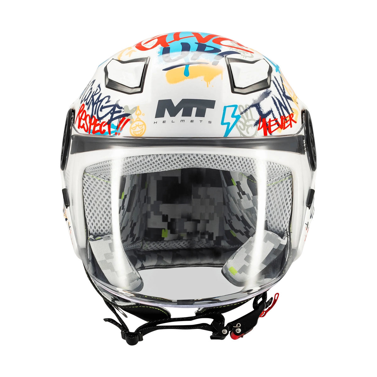 Casque jet enfant homologué ECE 22.06 MT Lite Crew vue de face, visière transparente baissée