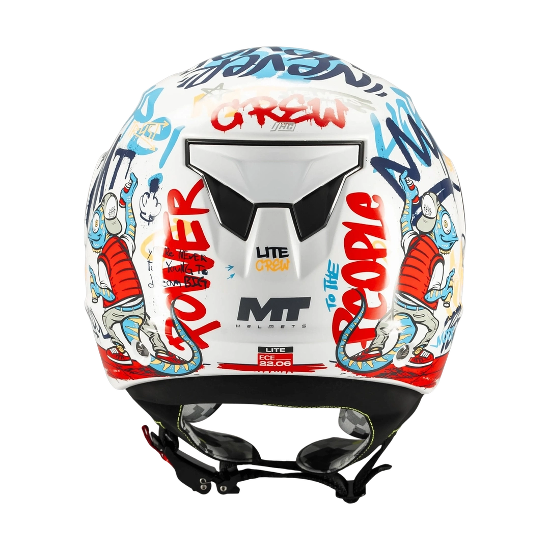 Casque jet enfant MT Lite Crew vue arrière, graphisme coloré et logo MT Helmets