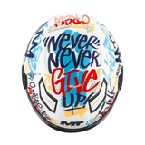 Casque jet enfant MT Lite Crew vu du dessus, inscription Never Never Give Up et aérations