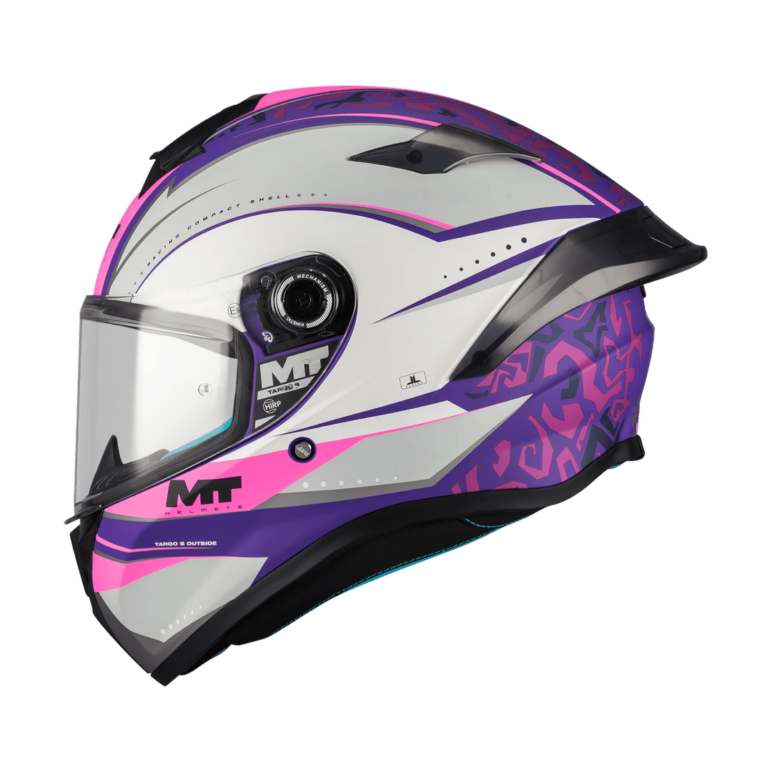 Casque intégral moto rose MT Targo S Outside profil déco blanc rose violet