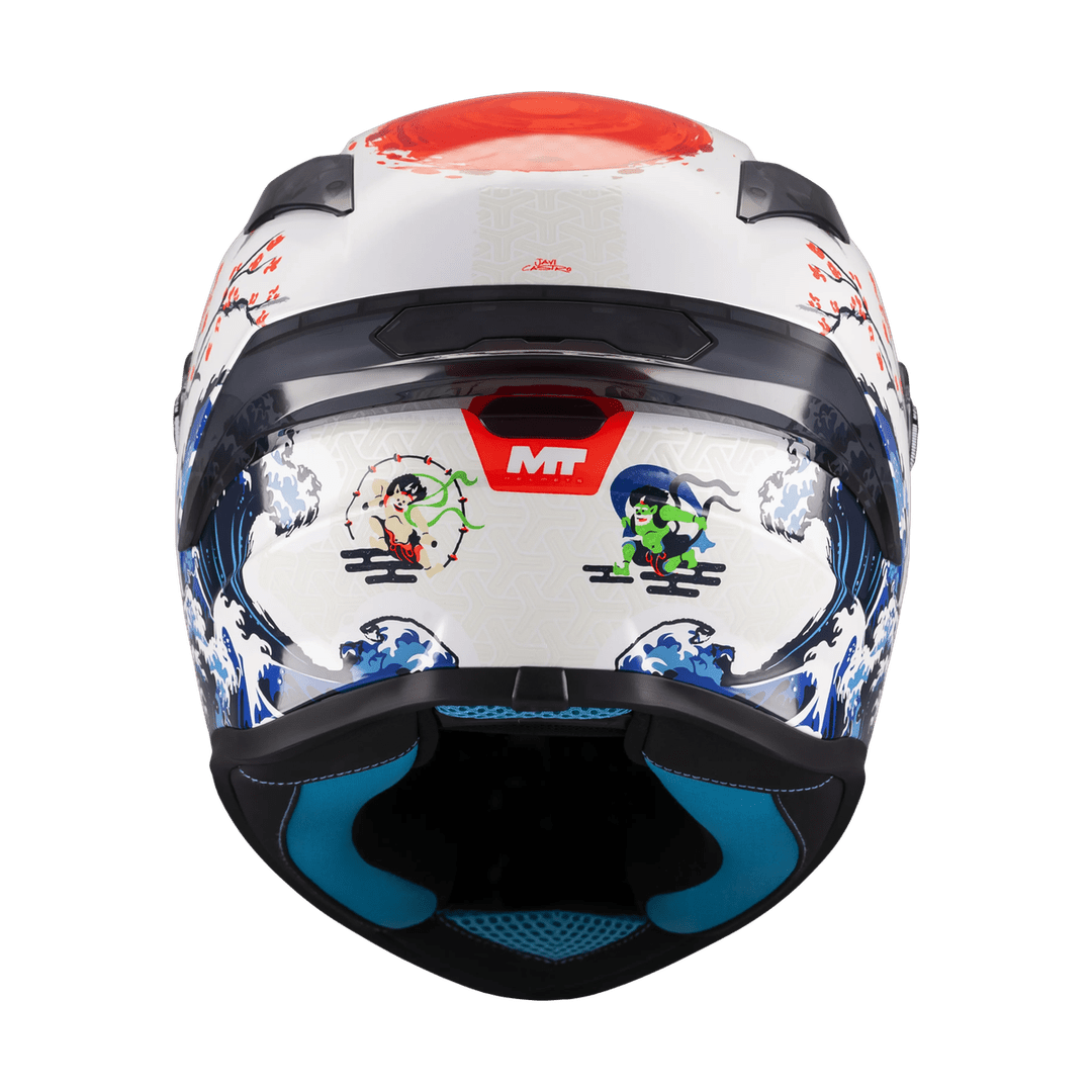 Casque intégral moto Targo S Yamanaka vue arrière soleil levant et jugulaire bleue