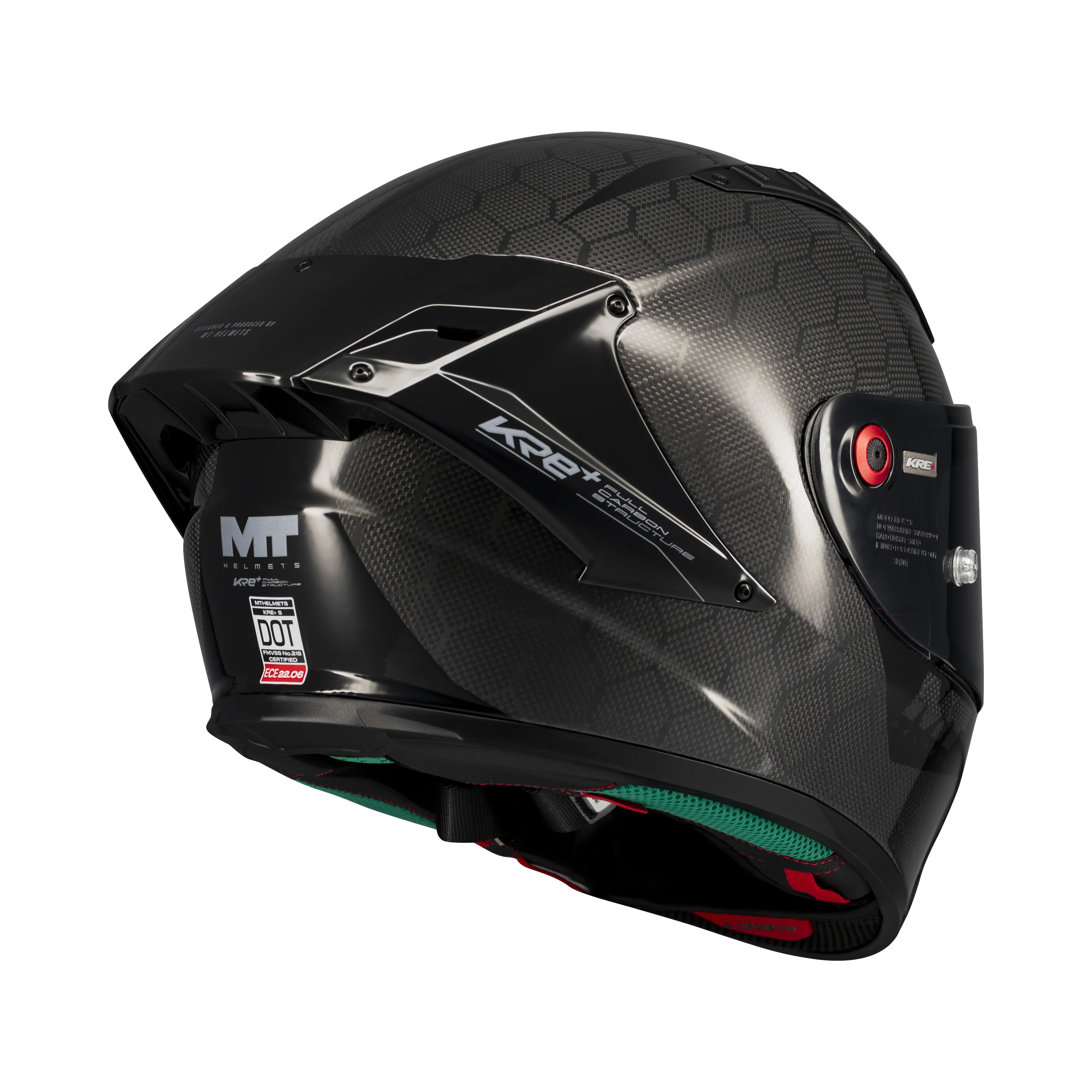 Casque intégral MT KRE+ S Pure noir gloss de dos, spoiler et homologation ECE 22-06