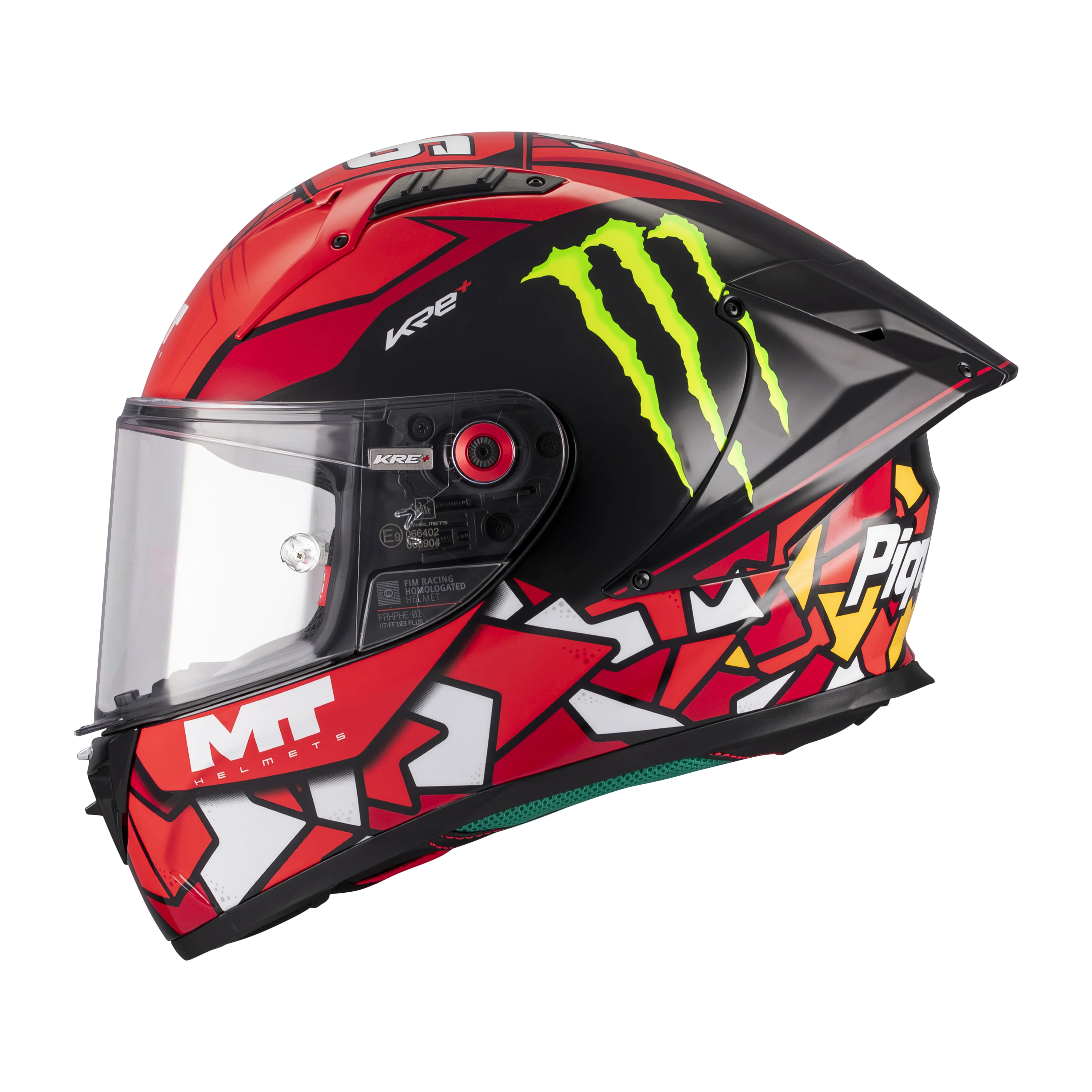 Casque intégral MT KRE+ S Piqueras B5 gloss de profil gauche, déco Monster et coque composite
