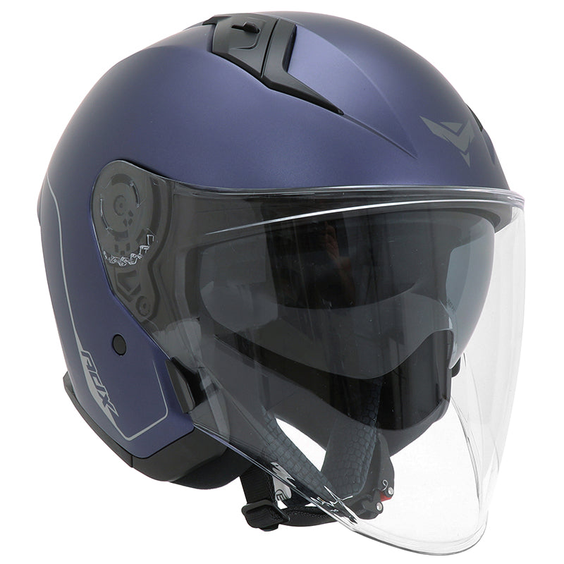 Casque jet ADX AJ300 Bleu Mat — vue trois-quarts avant, écran long transparent
