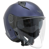 Casque jet ADX AJ300 Bleu Mat — vue trois-quarts avant, écran long transparent