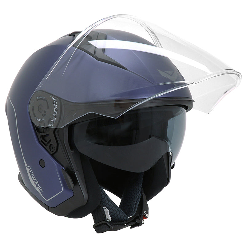 Casque jet ADX AJ300 Bleu Mat — écran relevé et pare-soleil intégré abaissé