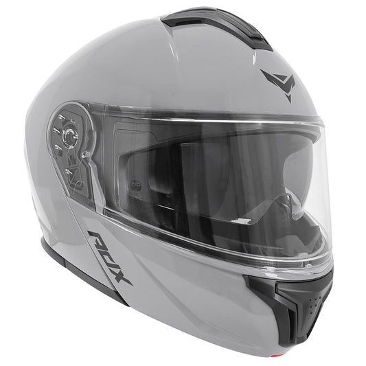 Casque modulable ADX AM600 Gris Brillant — vue trois-quarts avant, mentonnière fermée