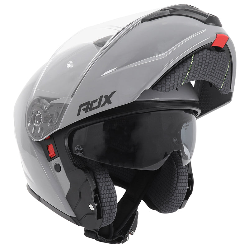Casque modulable ADX AM600 Gris Brillant — mentonnière relevée, pare-soleil intégré abaissé