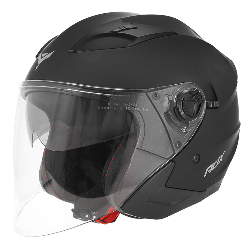Casque jet ADX AJ150 Noir Mat — vue trois-quarts avant, côté droit