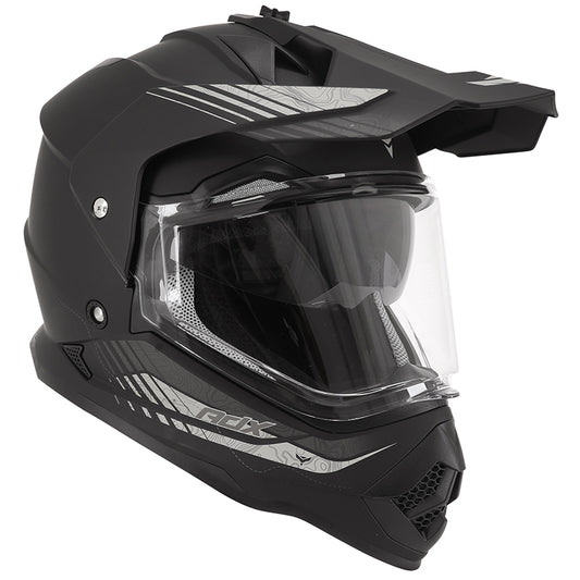 Casque cross/trail ADX AC900 Noir/Argent Mat — vue trois-quarts avant, écran fermé