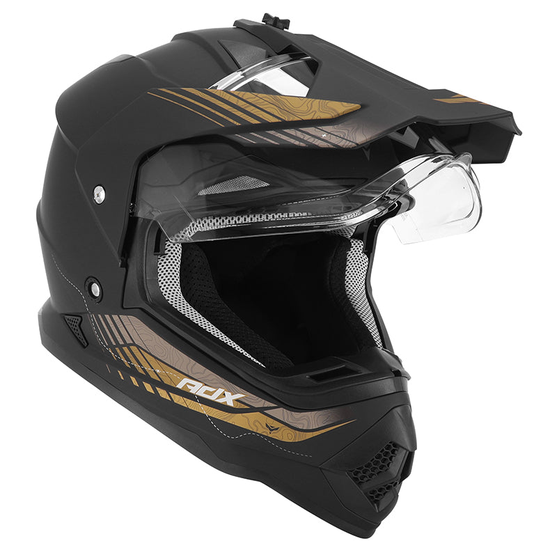 Casque cross/trail ADX AC900 Noir/Or Mat — écran et pare-soleil relevés