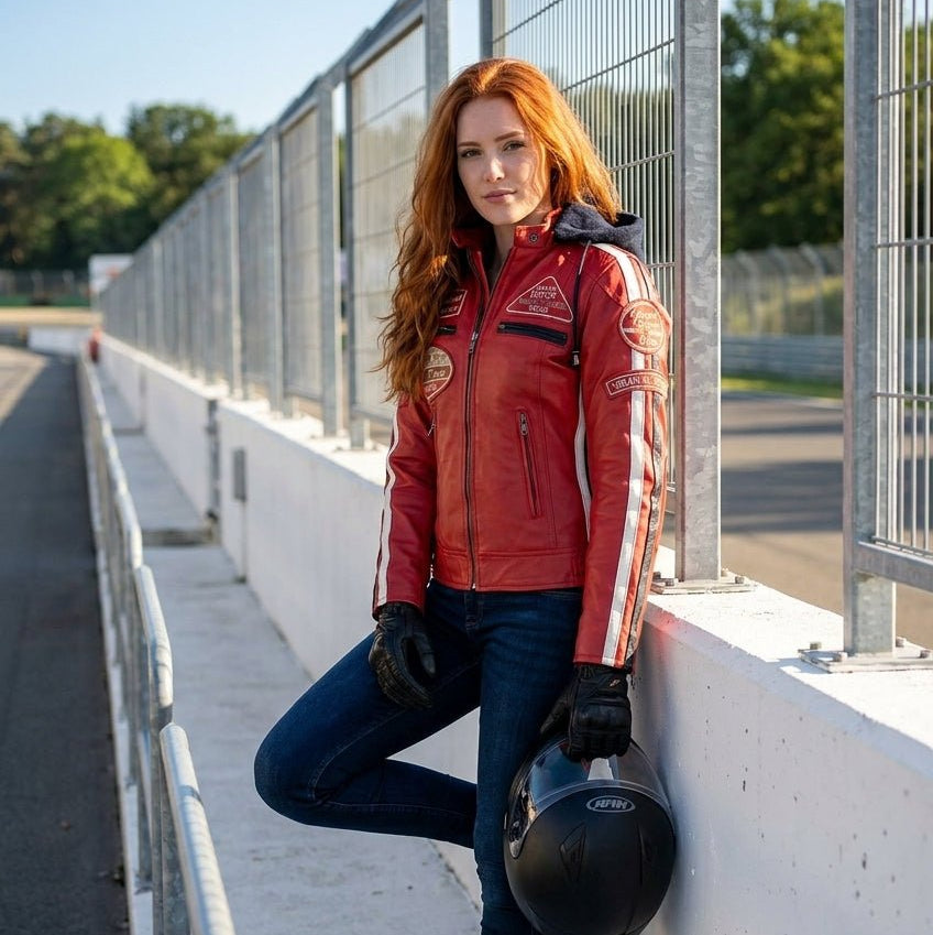 Blouson cuir moto femme style vintage | LEGENDARY 58™ Rouge - LE PRATIQUE DU MOTARD