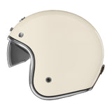 Casque jet vintage crème de profil, écran solaire relevé et jonc chromé
