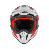 Casque cross NOX N634 Storm blanc rouge vue trois-quarts, casquette-visière et mentonnière prononcée