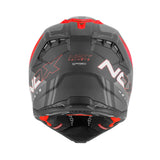 Vue arrière du casque motocross rouge et noir N634 Storm, ventilations et déco racing tout-terrain