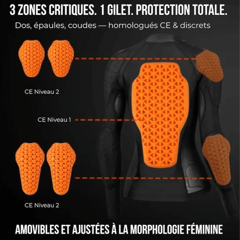 Protections CE niveau 2 épaules coudes et dorsale du gilet moto femme VALKYRIA