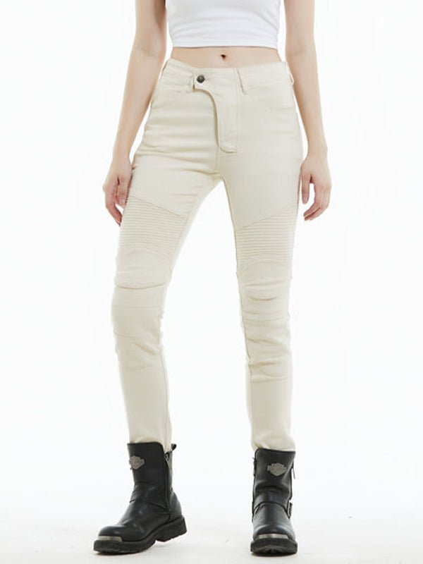 Women’s Slim - Fit Vintage Waterproof Motorcycle Jeans with Elastic Waist & Blue Silicone Knee and Hip Protectors – Off - White - LE PRATIQUE DU MOTARD