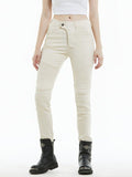 Women’s Slim - Fit Vintage Waterproof Motorcycle Jeans with Elastic Waist & Blue Silicone Knee and Hip Protectors – Off - White - LE PRATIQUE DU MOTARD