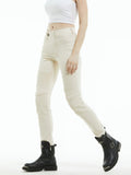 Women’s Slim - Fit Vintage Waterproof Motorcycle Jeans with Elastic Waist & Blue Silicone Knee and Hip Protectors – Off - White - LE PRATIQUE DU MOTARD