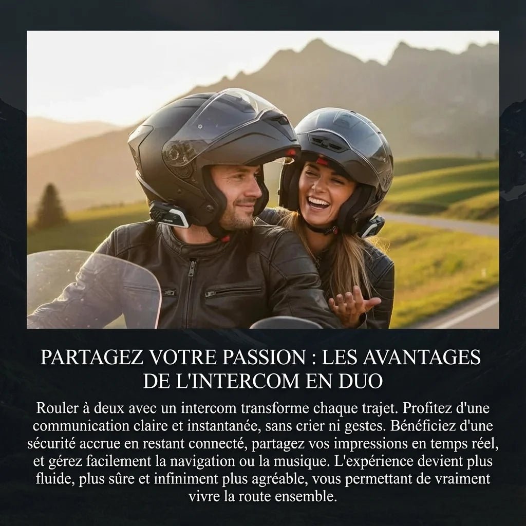 Couple de motards utilisant le pack duo intercom M500