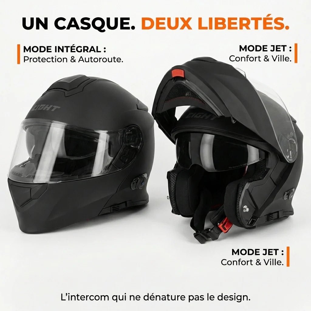 Casque Moto Bluetooth Intégré Modulable - Eight™ Noir (Norme ECE 22 - 06) - LE PRATIQUE DU MOTARD