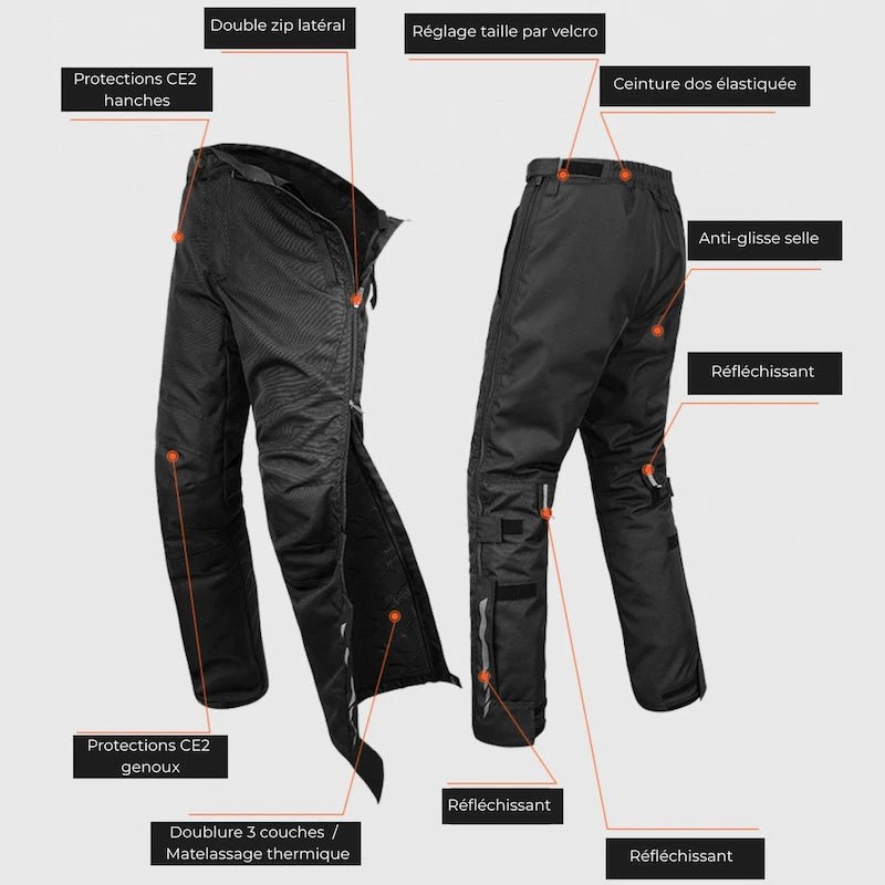 Surpantalon moto femme — zip latéral, étanche, CE2 | BORÉALE™ - LE PRATIQUE DU MOTARD