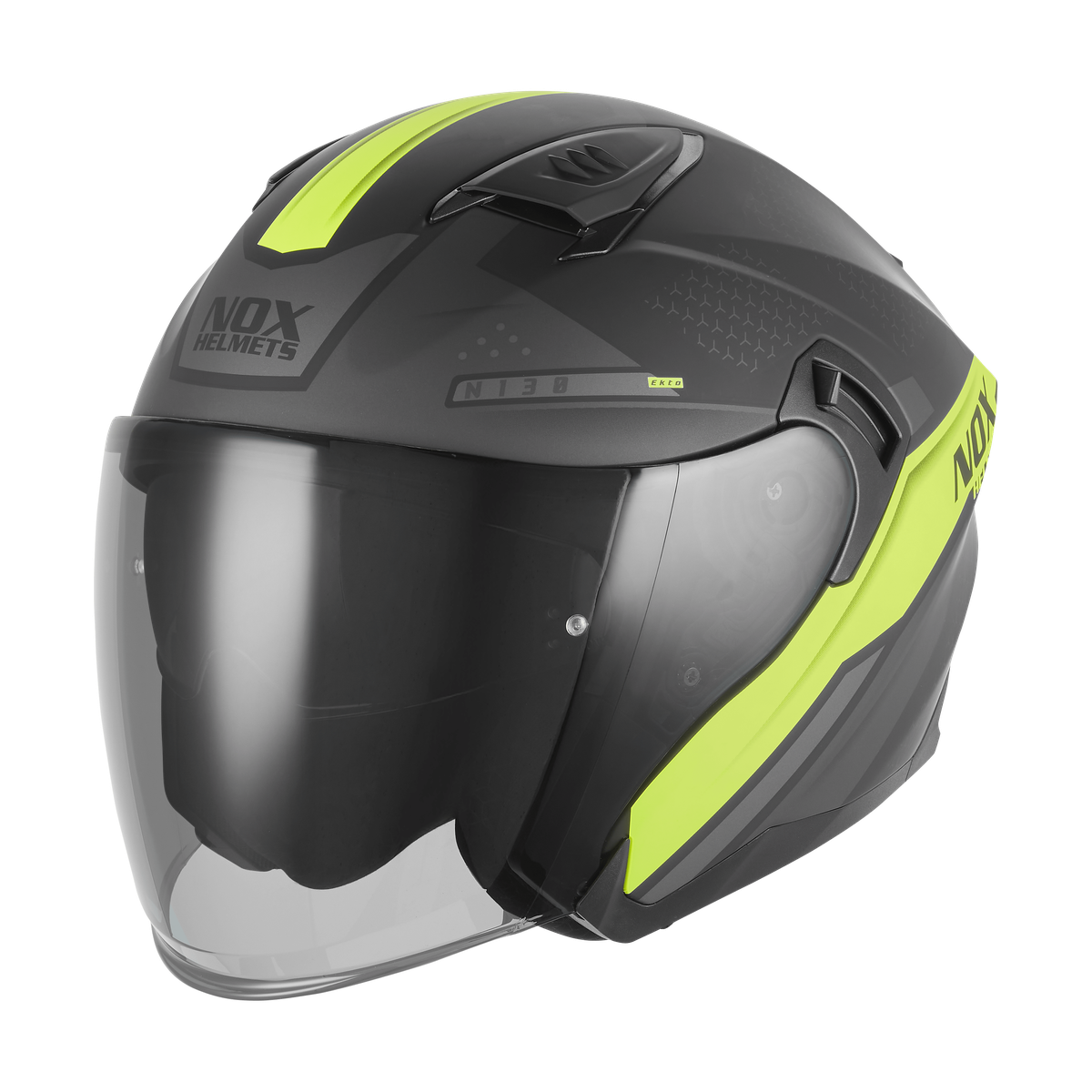 Casque Moto Jet N130 Ekto Noir Mat Jaune Fluo | NOX - LE PRATIQUE DU MOTARD