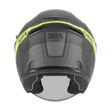 Casque jet graphique N130 Ekto noir mat jaune fluo vu de l'arrière, extracteurs et liseré fluo