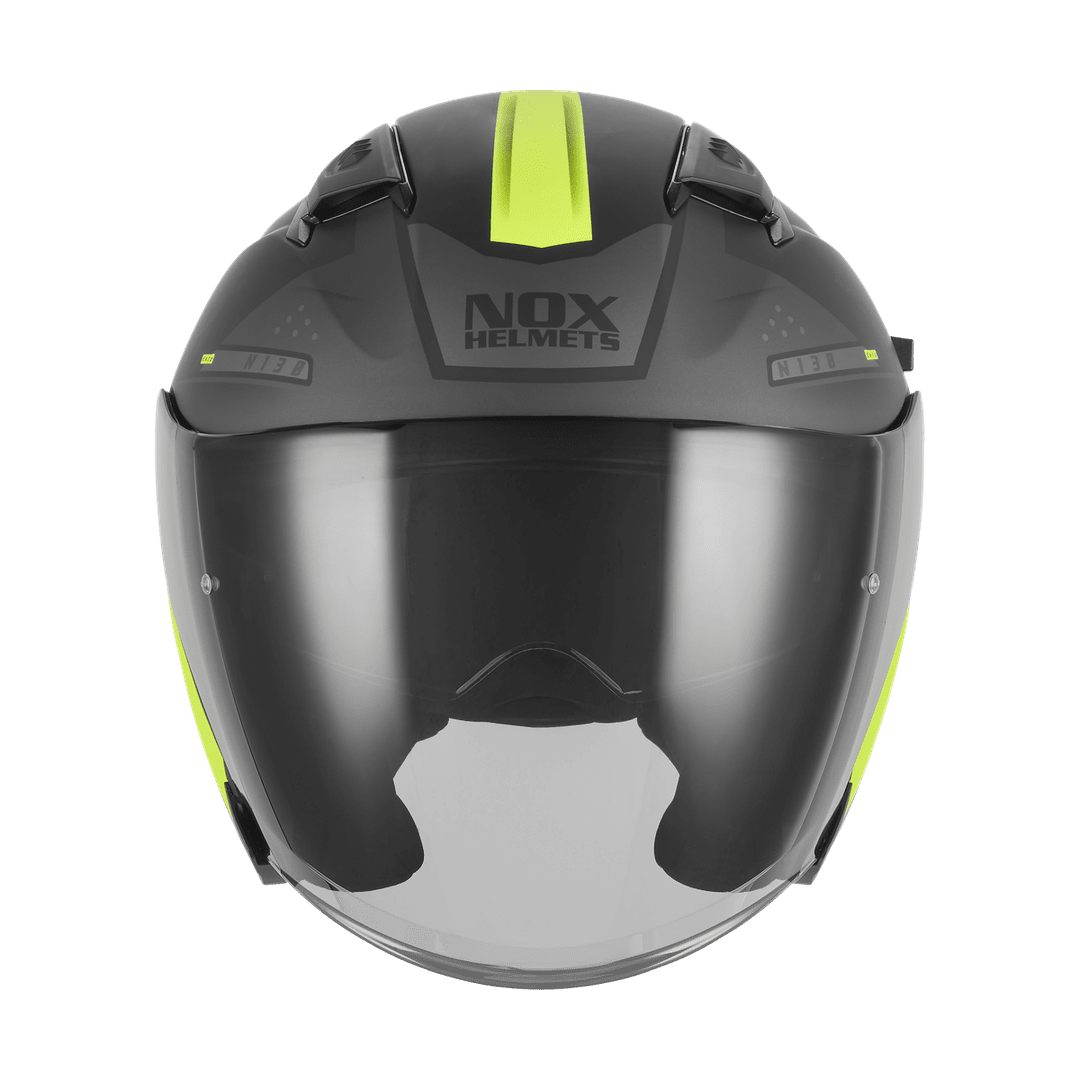Casque jet moto NOX N130 Ekto noir mat jaune fluo de face, écran solaire baissé haute visibilité