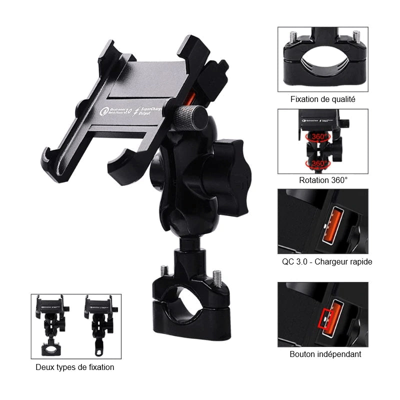 Support smartphone moto aluminium RideOne avec prise USB QC 3.0 et rotule orientable