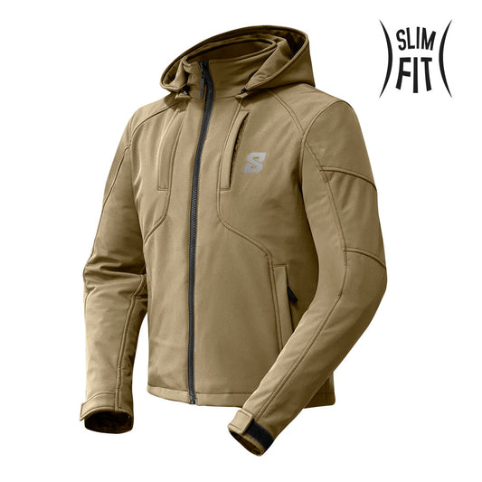 Blouson moto CIRRUS sable — vue trois-quarts avant, capuche en place