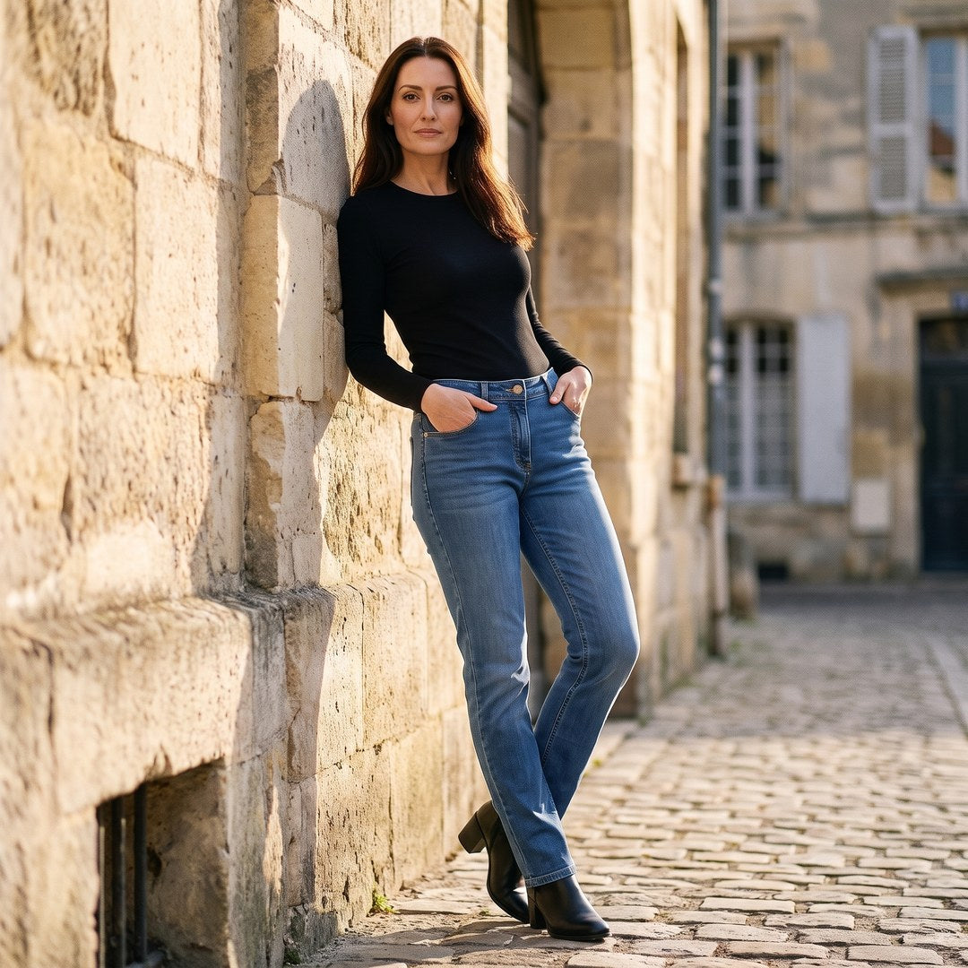 Jean moto femme Asfalt bleu porté, coupe ajustée et jambe droite