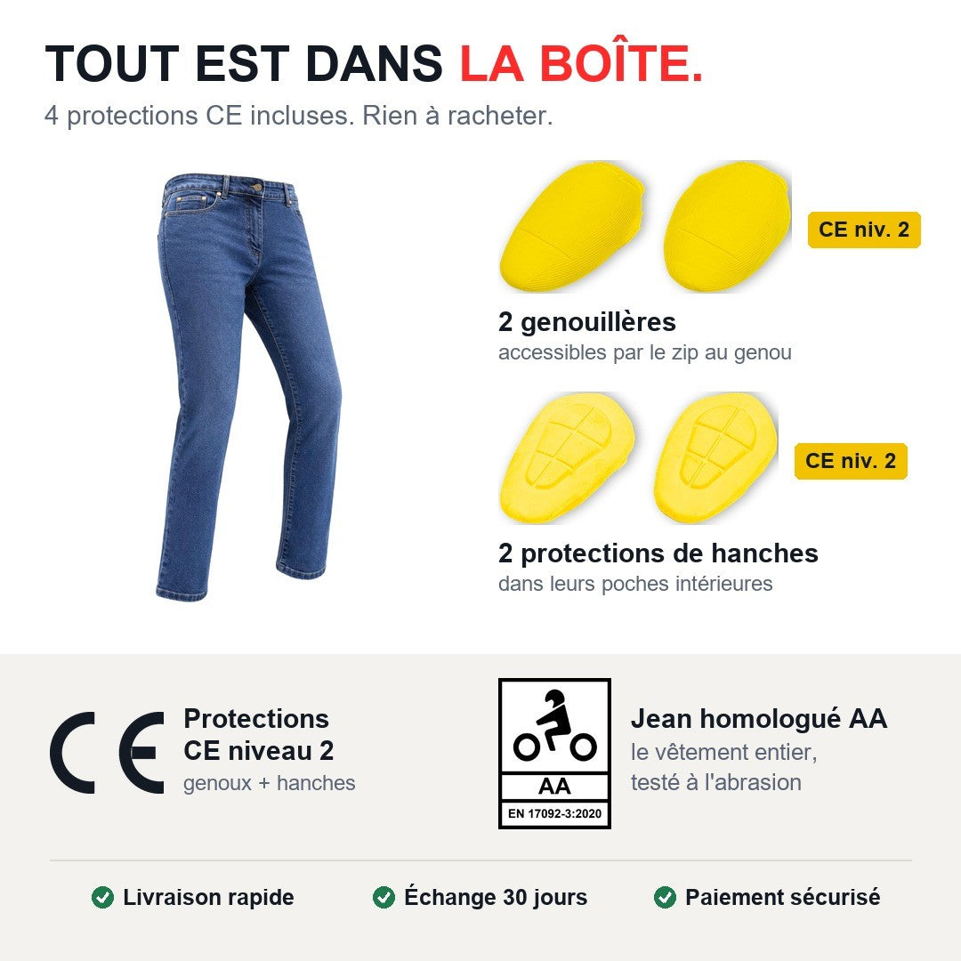 Jean moto femme Asfalt avec 2 genouillères et 2 protections de hanches CE niveau 2, homologué AA